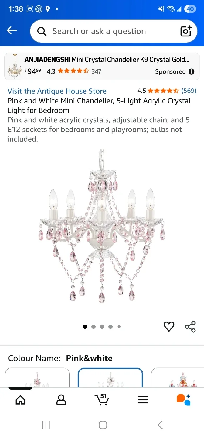 Pink and White 5-Light Acrylic Mini Chandelier