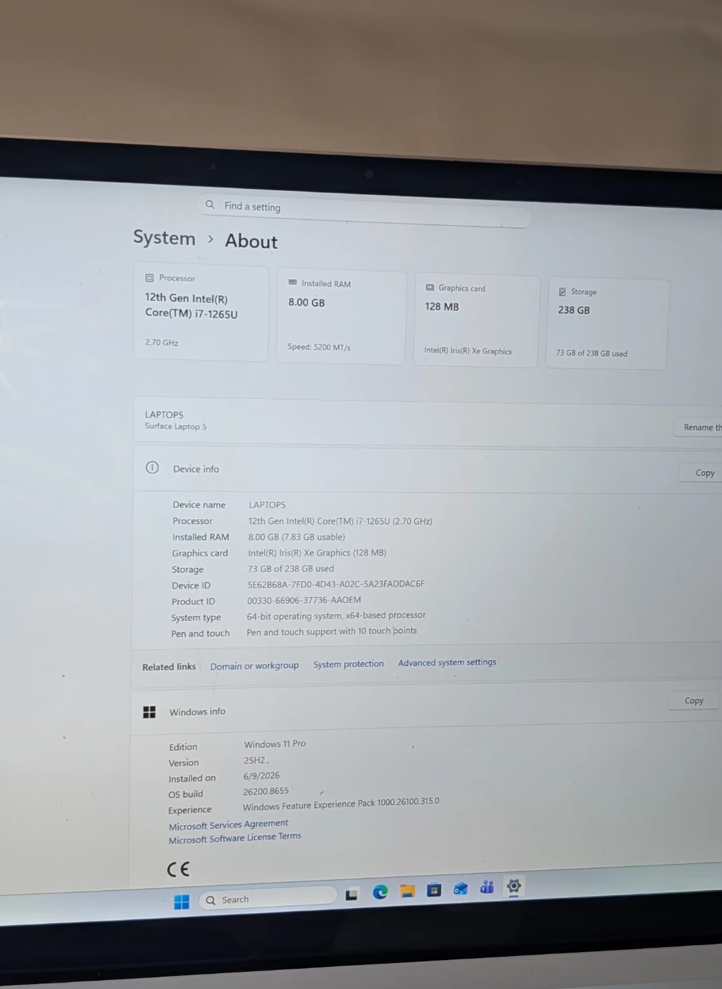 MICROSOFT SURFACE LAPTOP 5  WINDOWS 11 PRO 15 inch PENTIUM i7 - photo 3