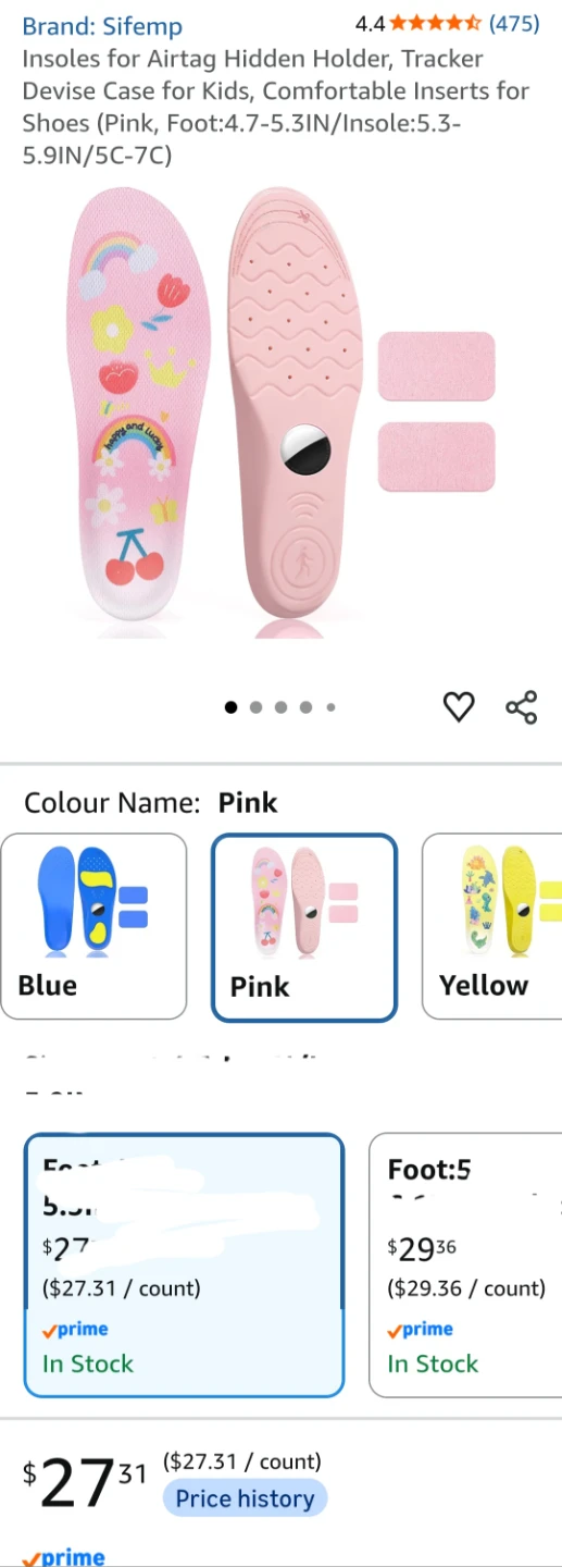 BNIB Kids AirTag Hidden Holder Insoles - Pink - photo 2