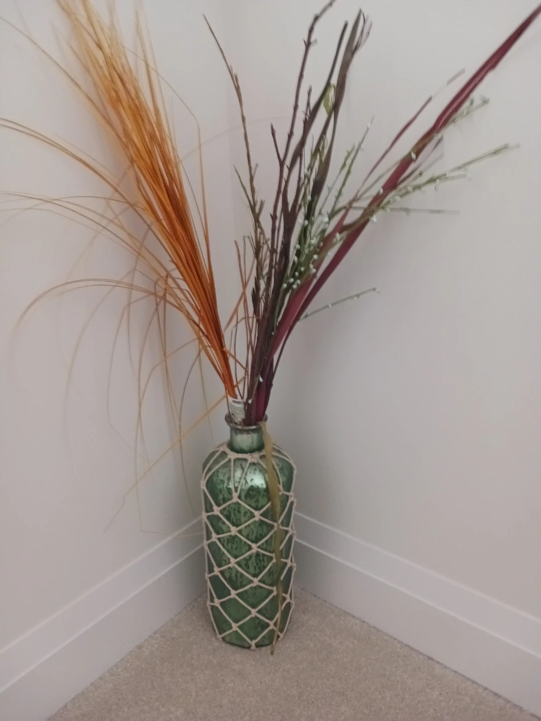Green Glass Bottle Vase with Decorative Branches