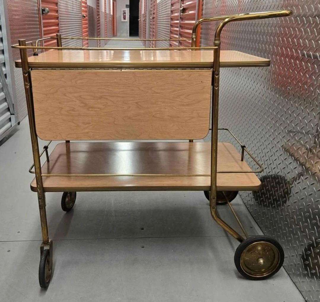Vintage Mid-Century Brass Drop-Leaf Bar Cart Serving Table - photo 2