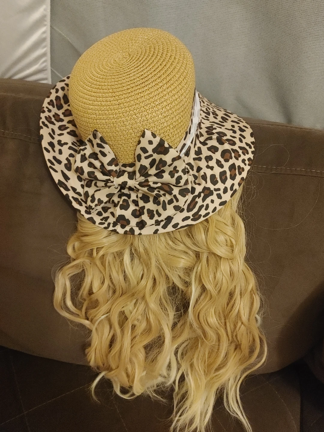 Straw Hat with Leopard Print Bow and Attached Blonde Hair - photo 2