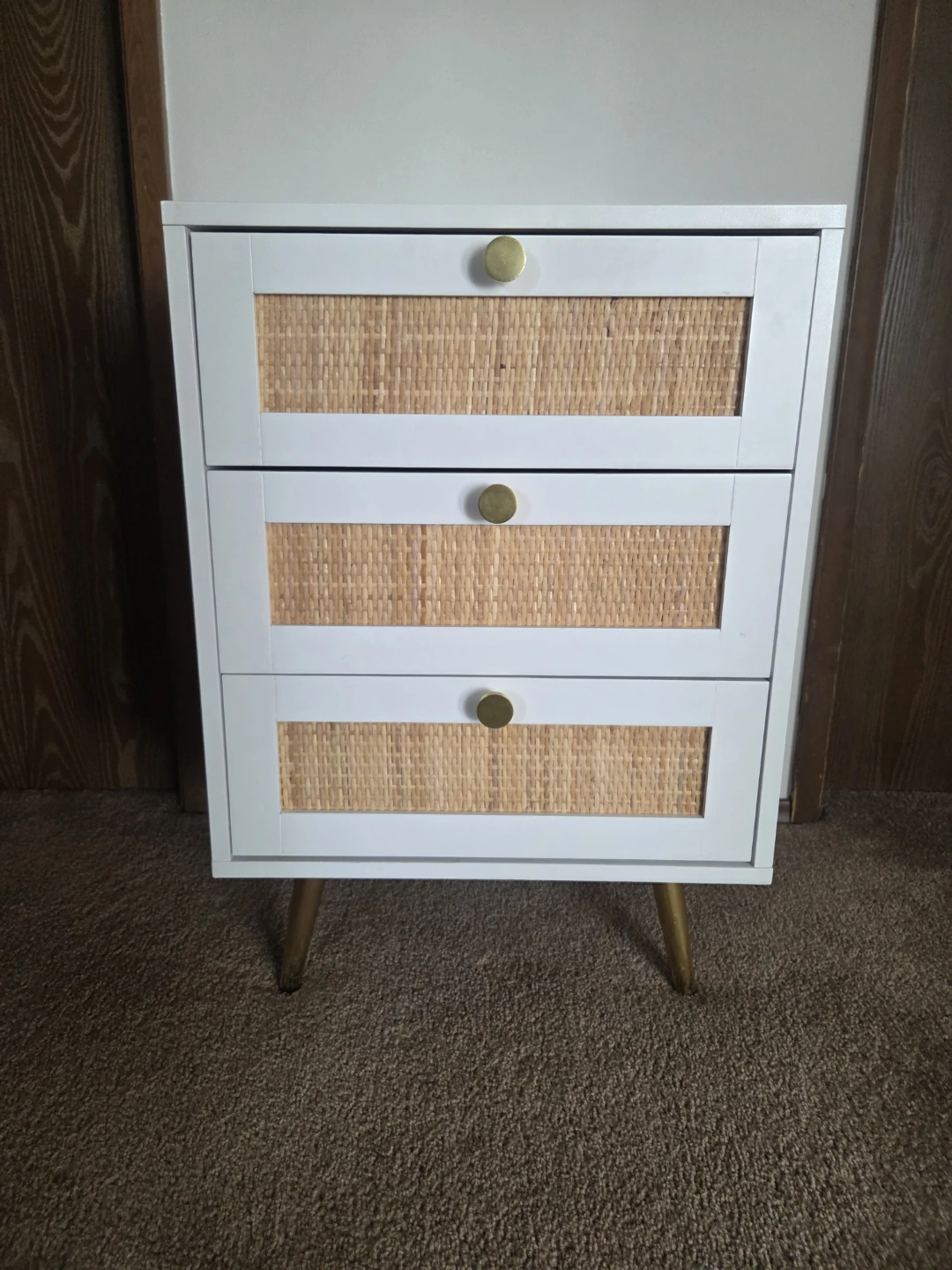 Three-Drawer Nightstand with Rattan Detail