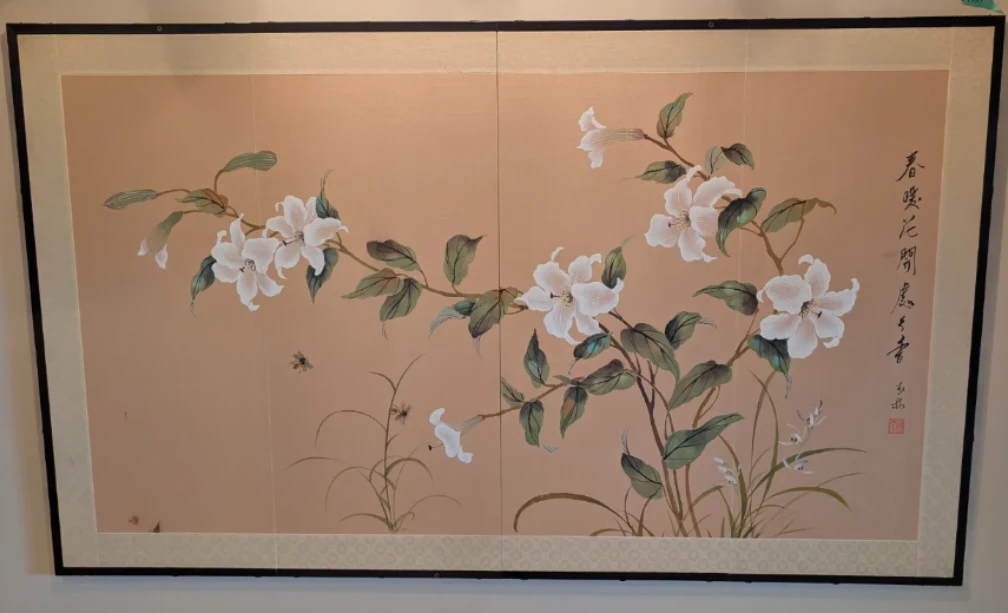 Antique Floral Asian Art Painting On Fabric