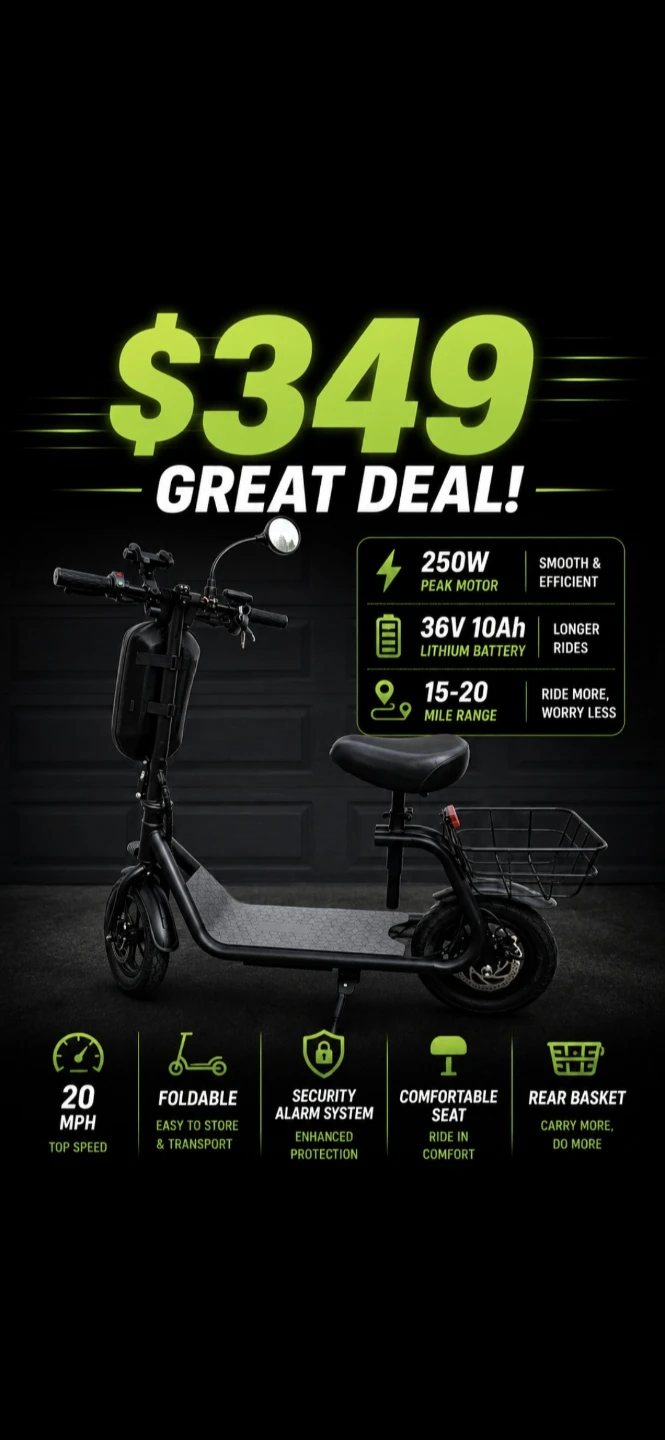 Foldable Electric Scooter with Seat and Basket