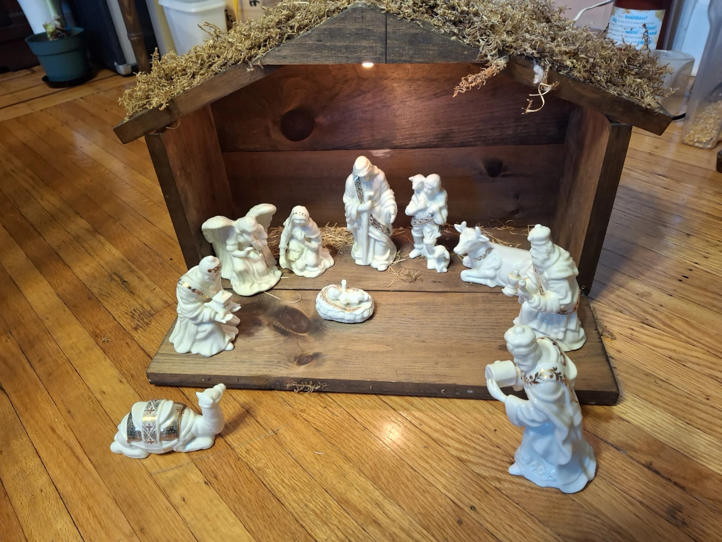 Ceramic Nativity Set with Lighted Wooden Stable