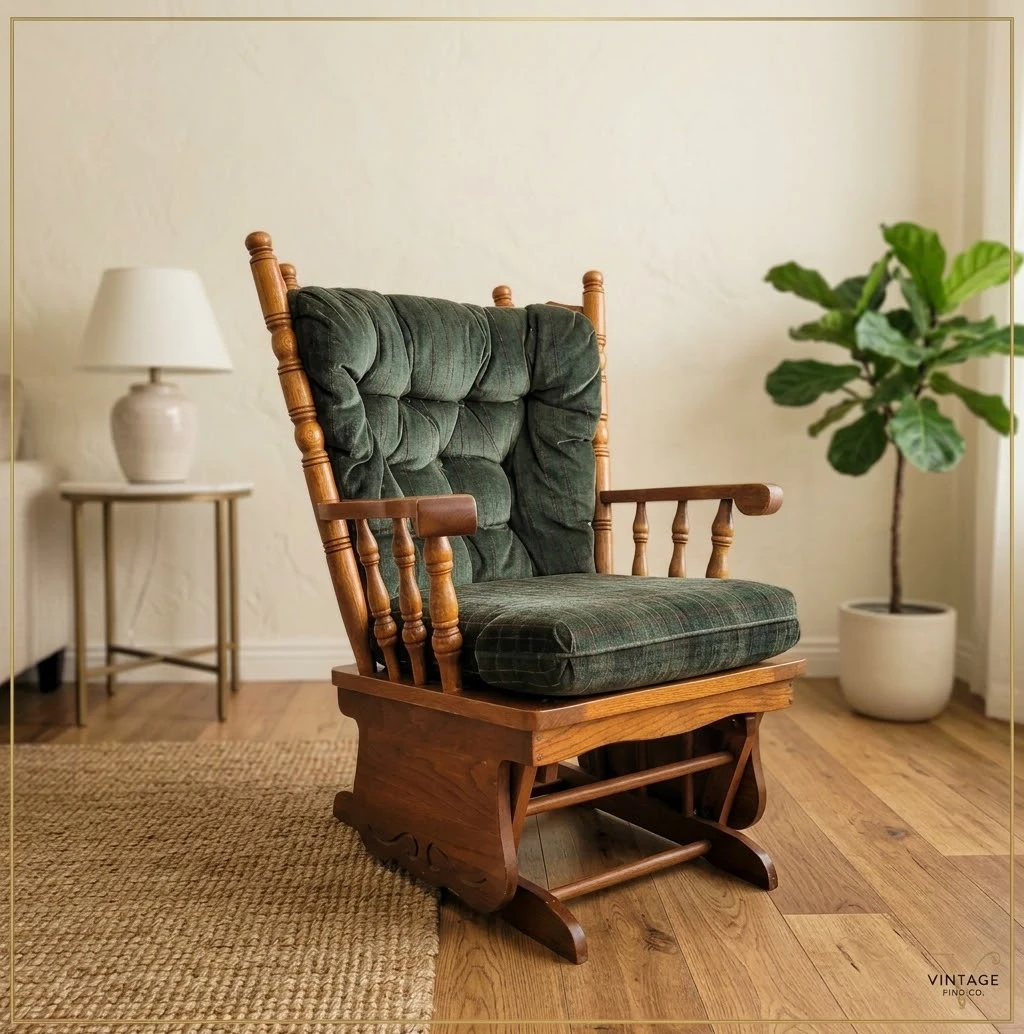 Beautiful Vintage Solid Oak Wooden Platform Glider Rocker Chair.