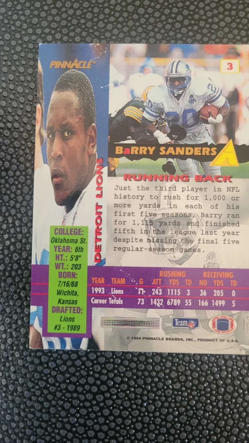 1994 Pinnacle Barry Sanders Canton Bound Card - photo 2