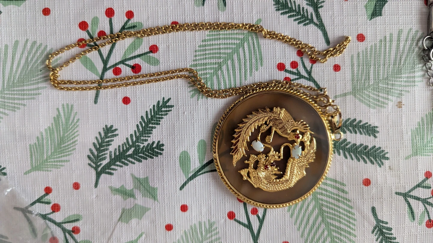 Vintage Double-Sided Dragon and Character Pendant Necklace