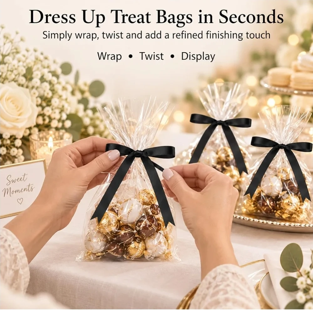 50 Pre-Shaped Satin Twist-Tie Bows - Black