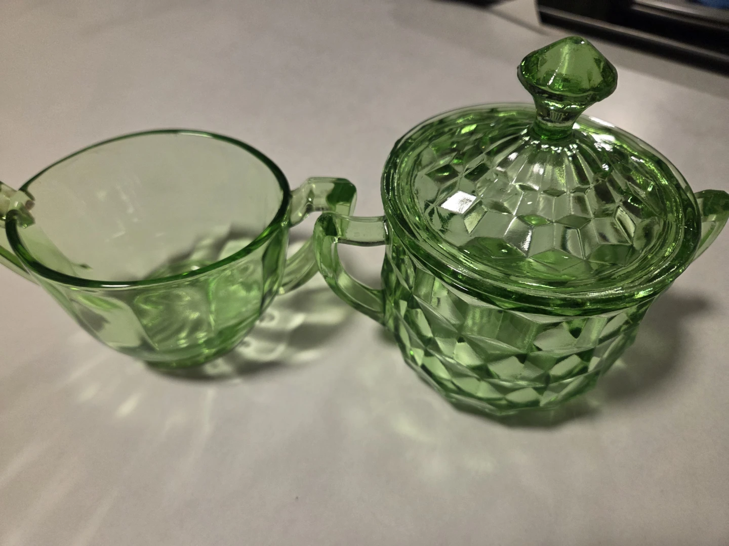 Vintage Green Glass Sugar Bowl and Creamer Set - photo 2