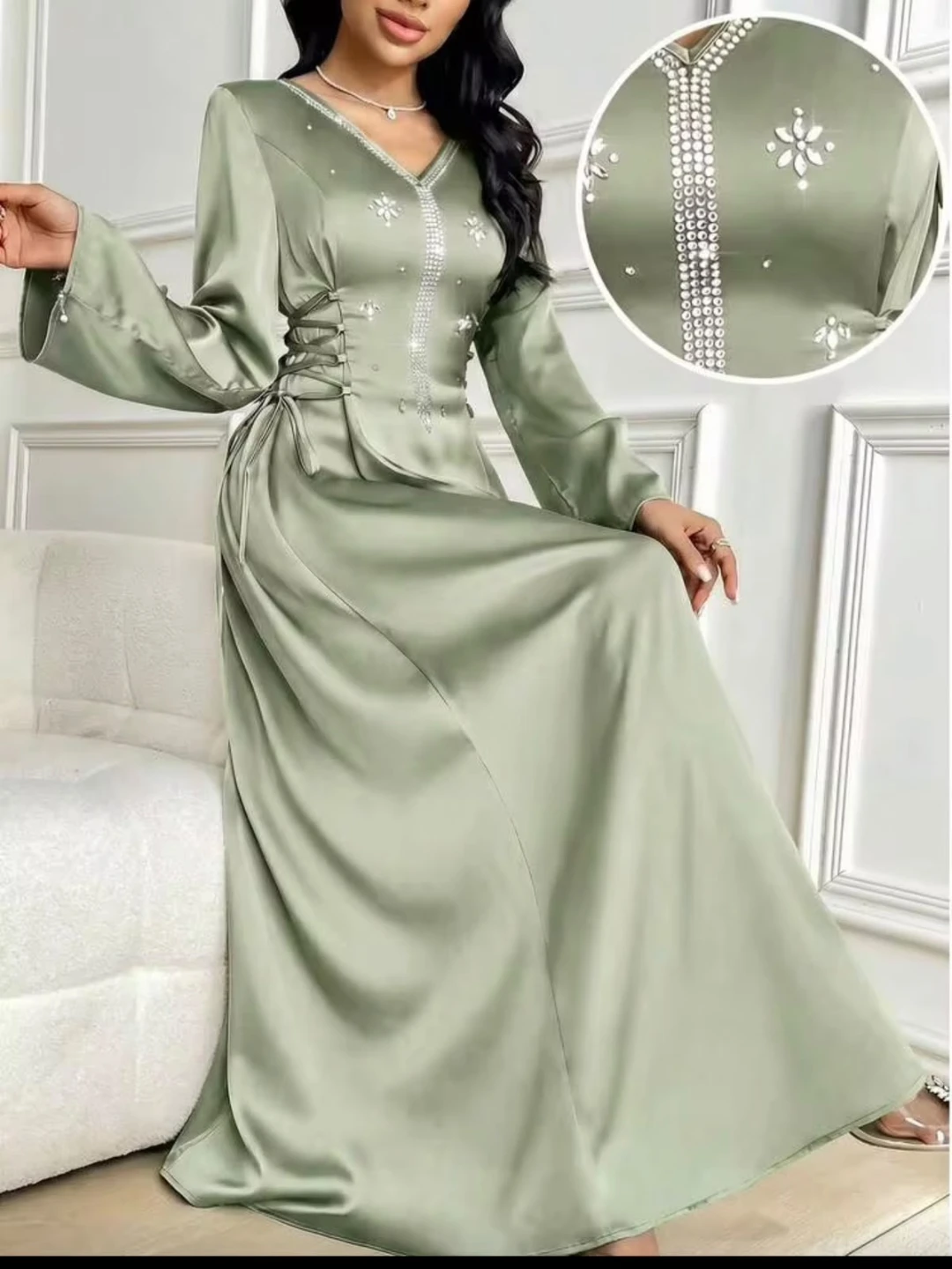Sage Green Satin Maxi Dress with Rhinestone Detail