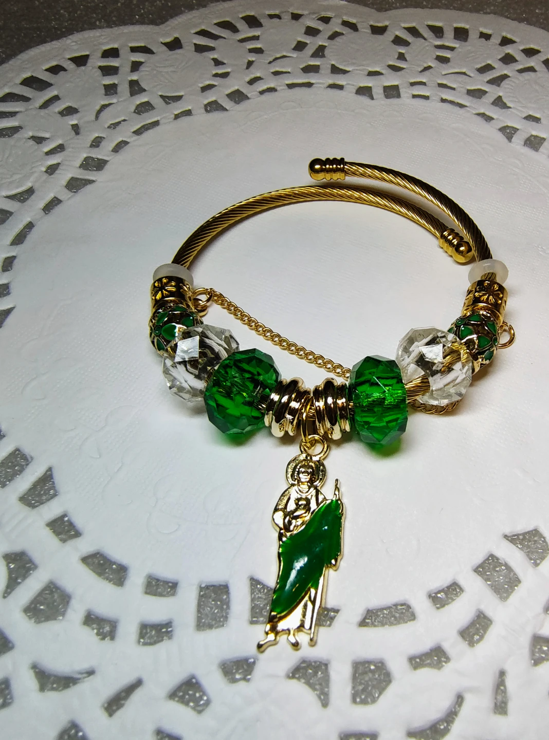 Gold plated 14k Religious Saint Charm Bracelet with Green Beads