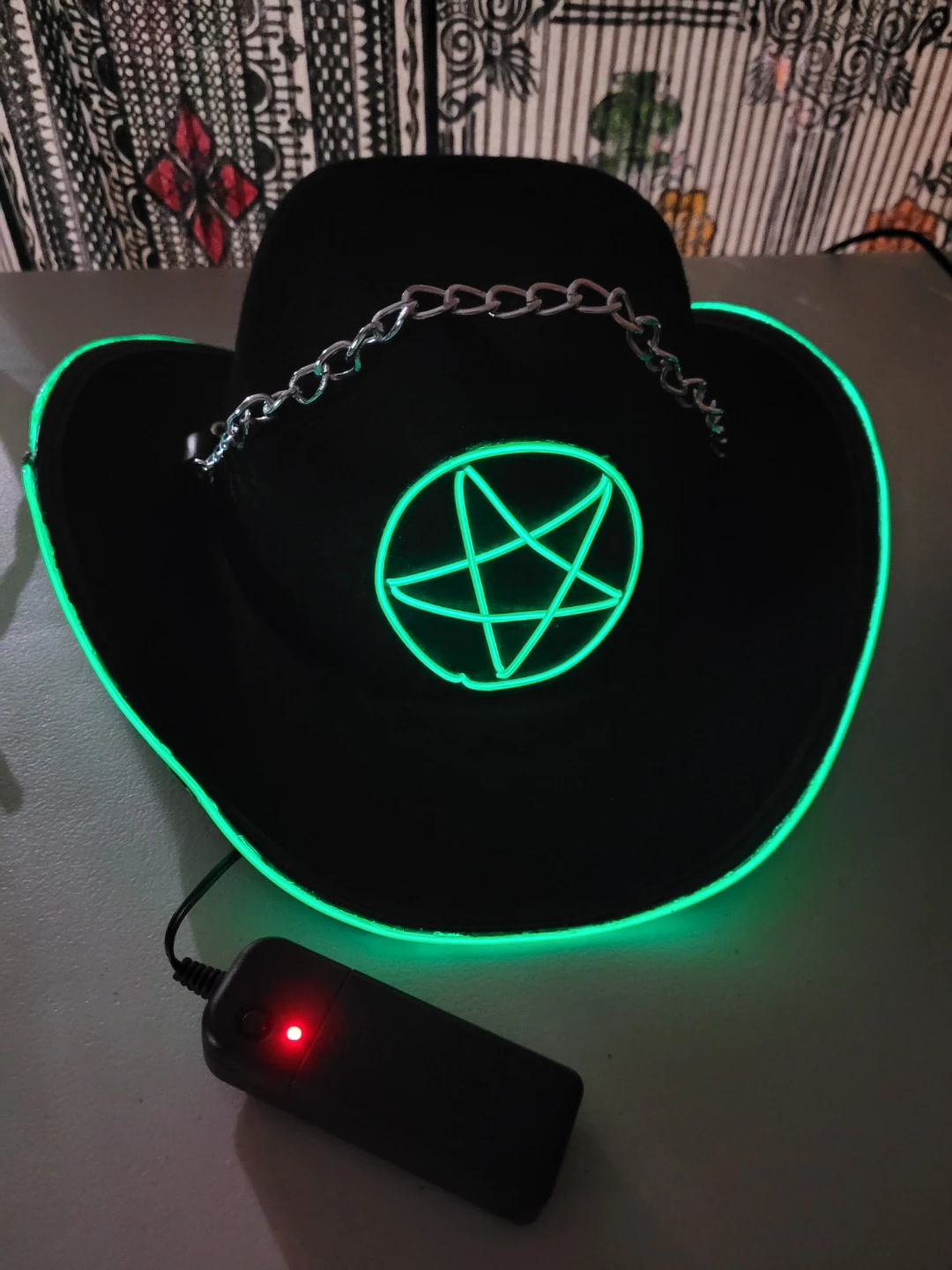 Halloween Light-up Black Cowboy Hat with Green Pentagram - photo 4