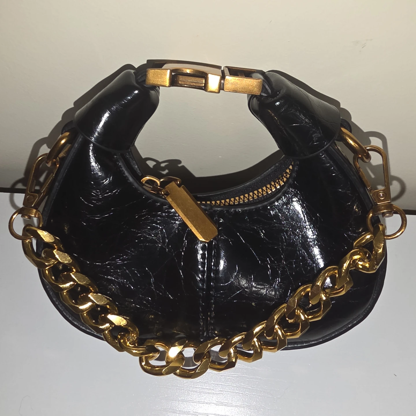 Black Croc-Embossed Mini Handbag with Gold Chain