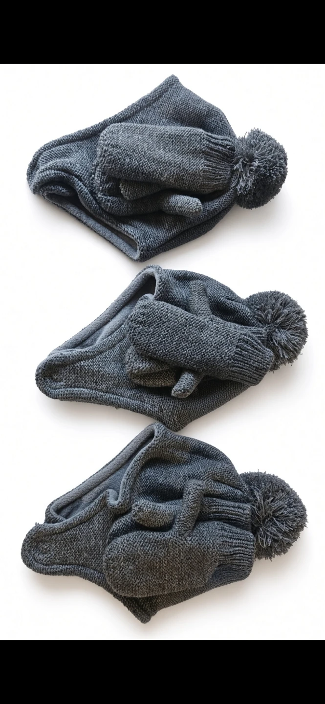Three sets of dark grey knit hats and mittens