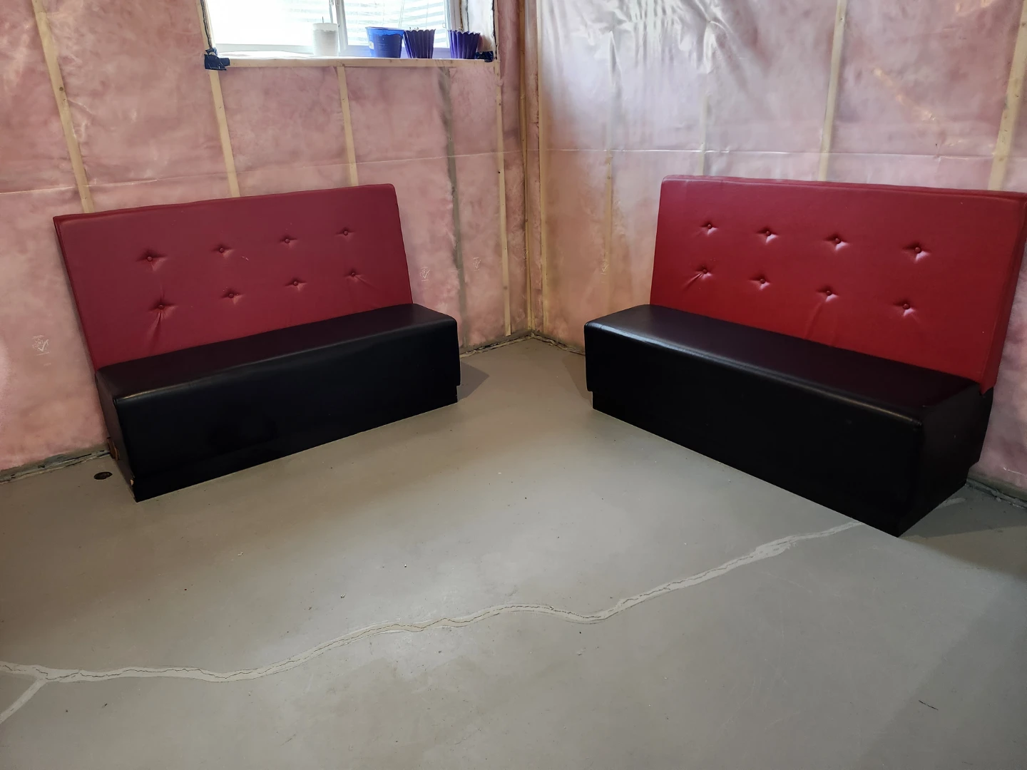 Set of Two Red and Black Vinyl Booth Benches
