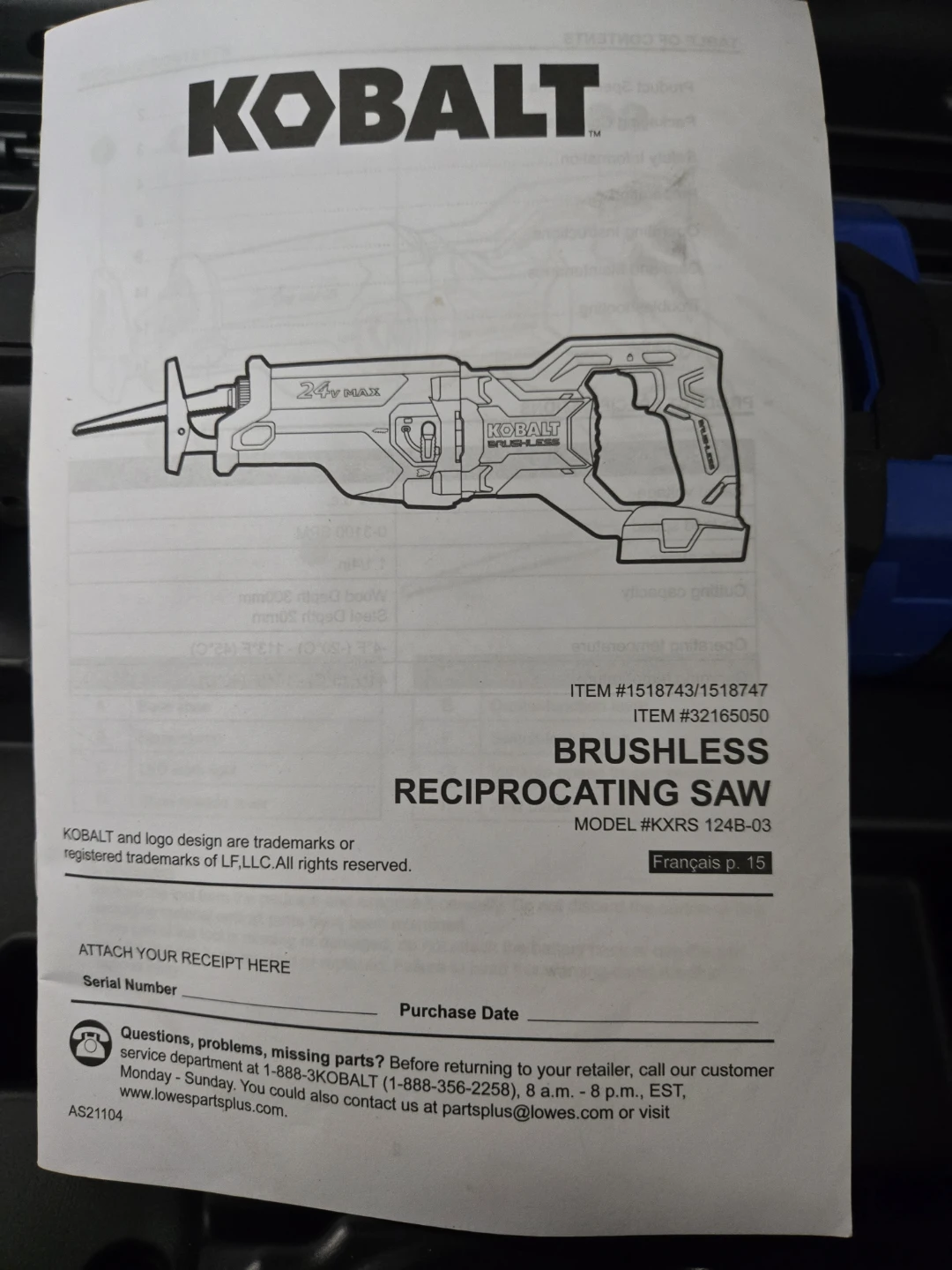 Kobalt 24V Max Brushless Reciprocating Saw