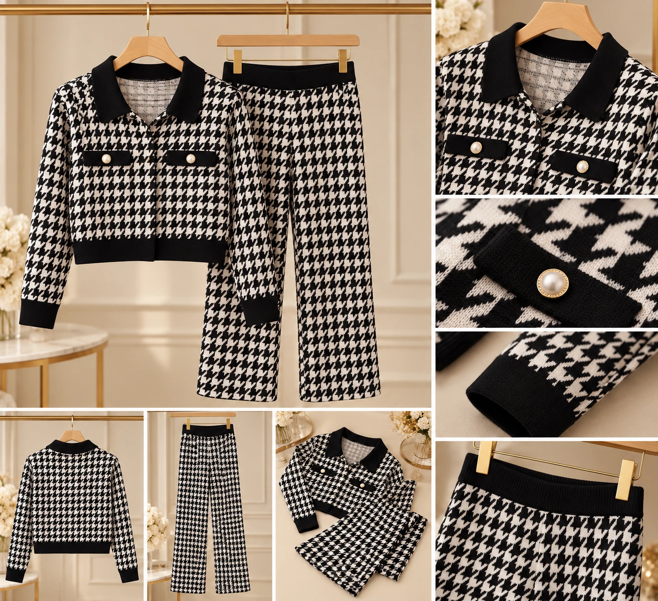 Black and White Houndstooth Knit Co-ord Set