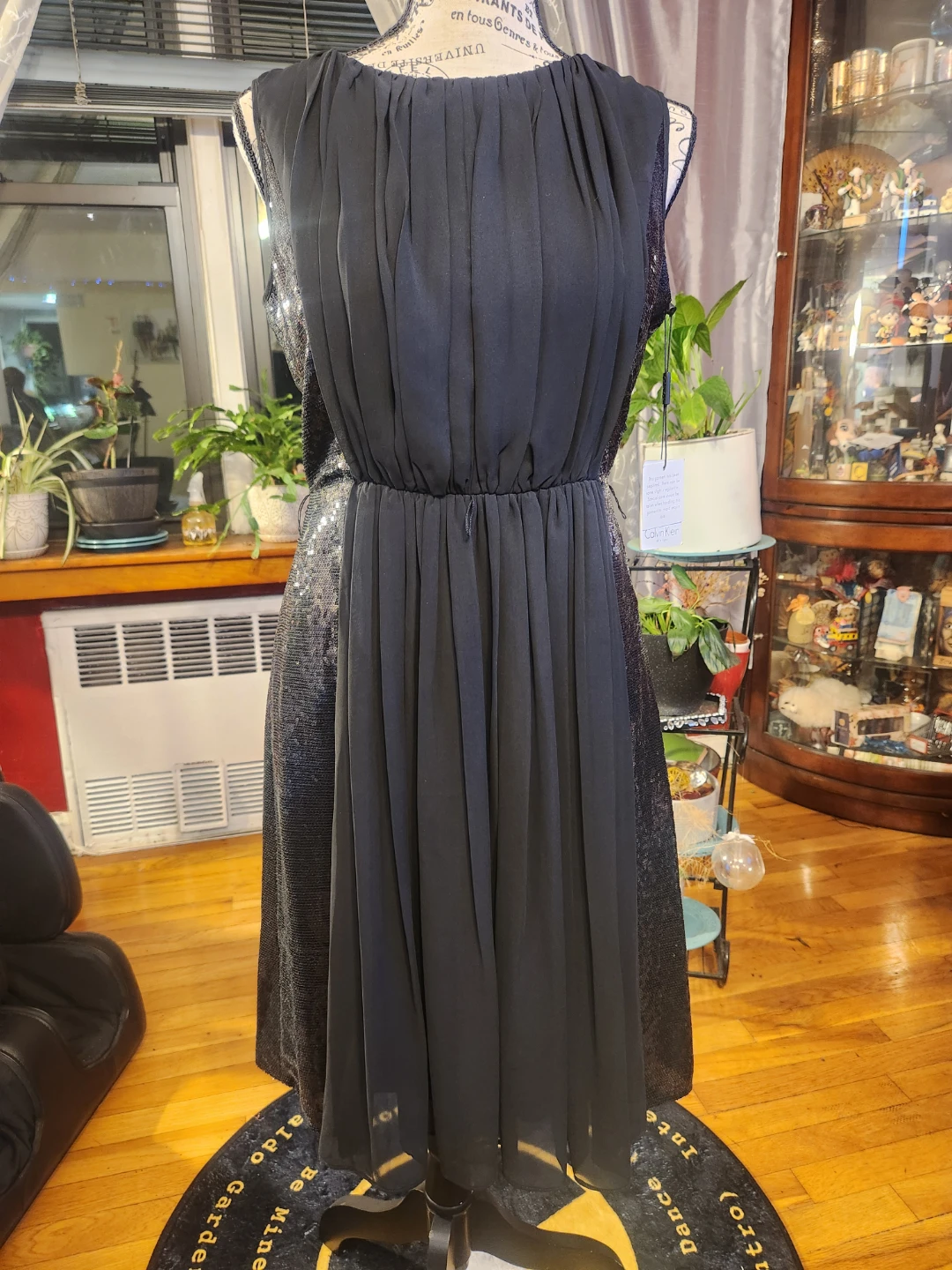 Calvin Klein NWT Black Sequin Chiffon Drape Cocktail Dress