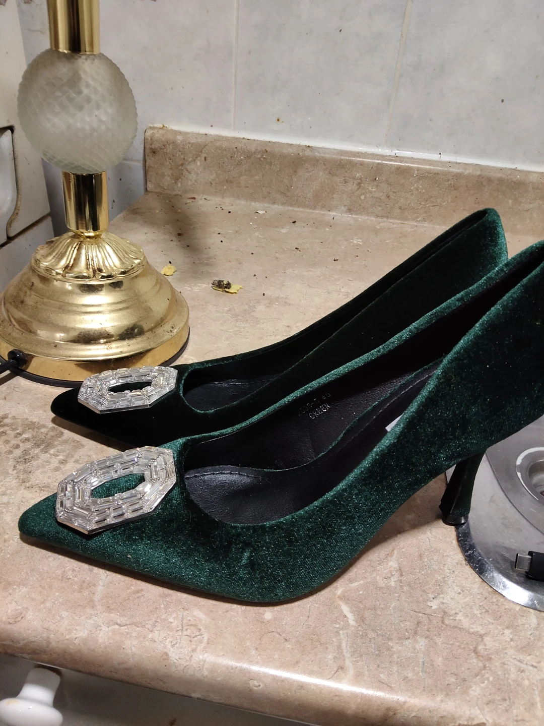 Sweet Shoes Green Velvet Heels with Crystal Buckle - photo 2