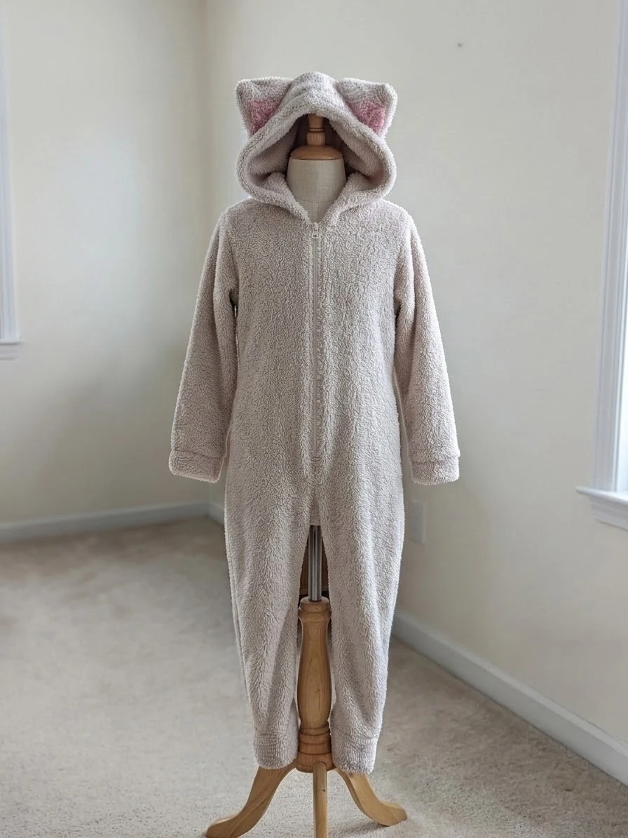 Cream Sherpa Cat Hooded Onesie pajama/ costume