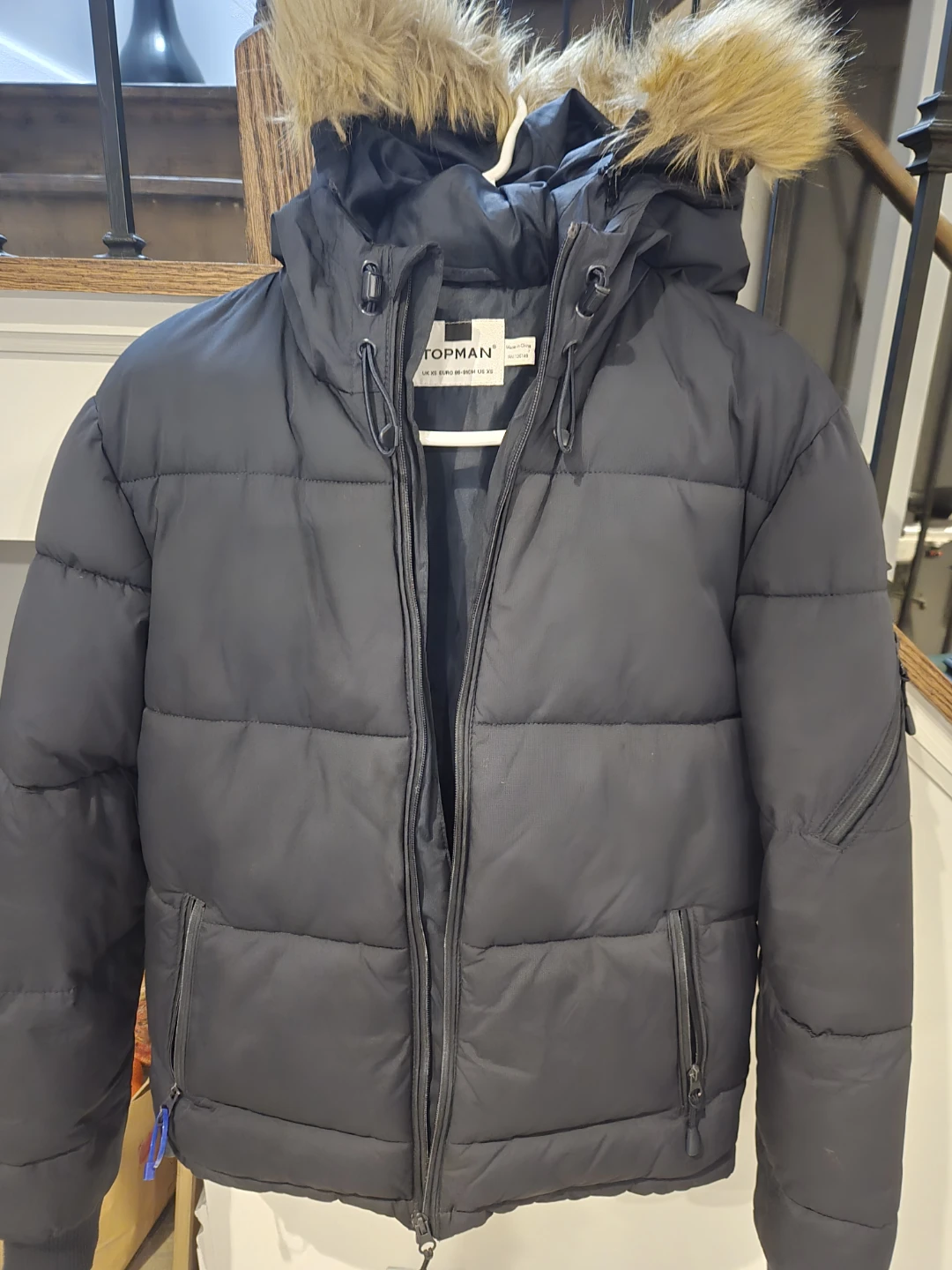 Topman Blue Puffer Jacket with Faux Fur Hood