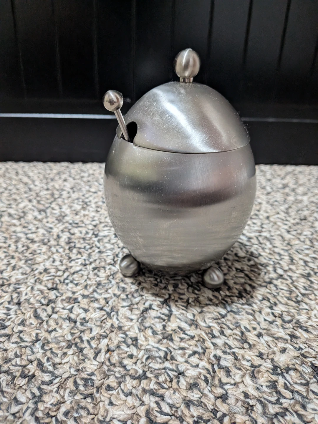 Vintage stainless steel sugar bowl with spoon