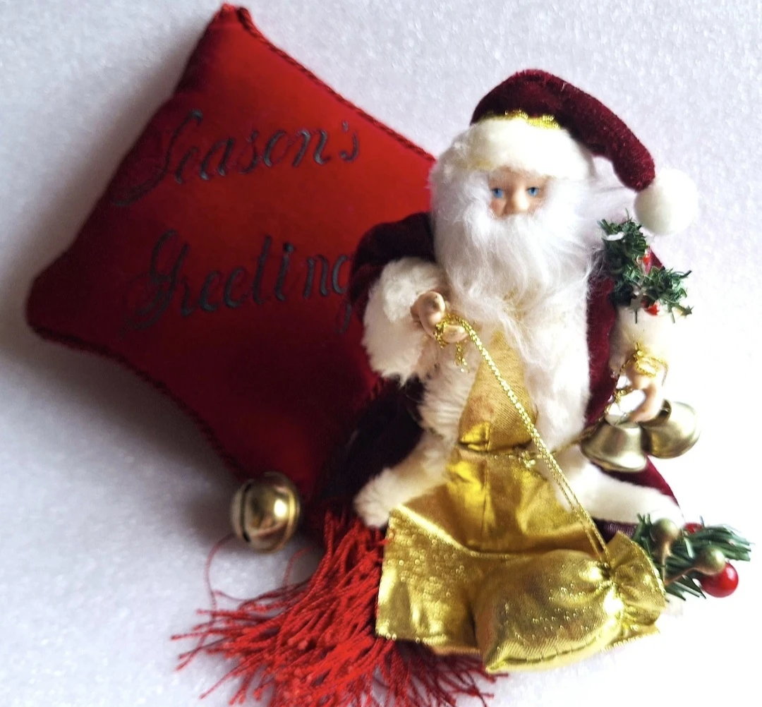 Vtg Small Santa Claus Tree Topper with Season's Greetings Pillow