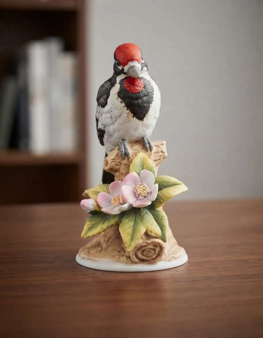 Porcelain Woodpecker Figurine with Flowers