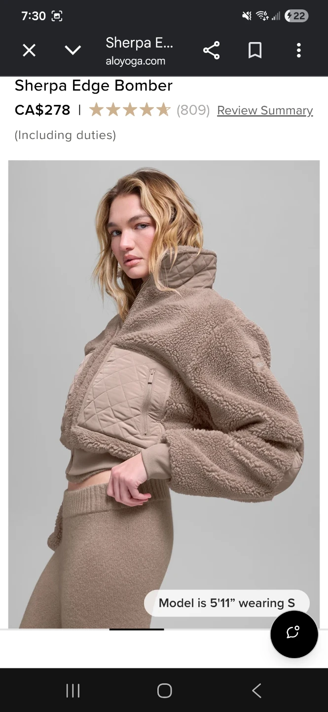 Brand new Alo Yoga Sherpa Edge Bomber Jacket S chai latte color