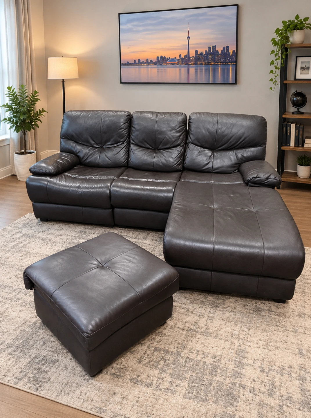 Dark Brown Leather Sectional Sofa with Storage Ottoman