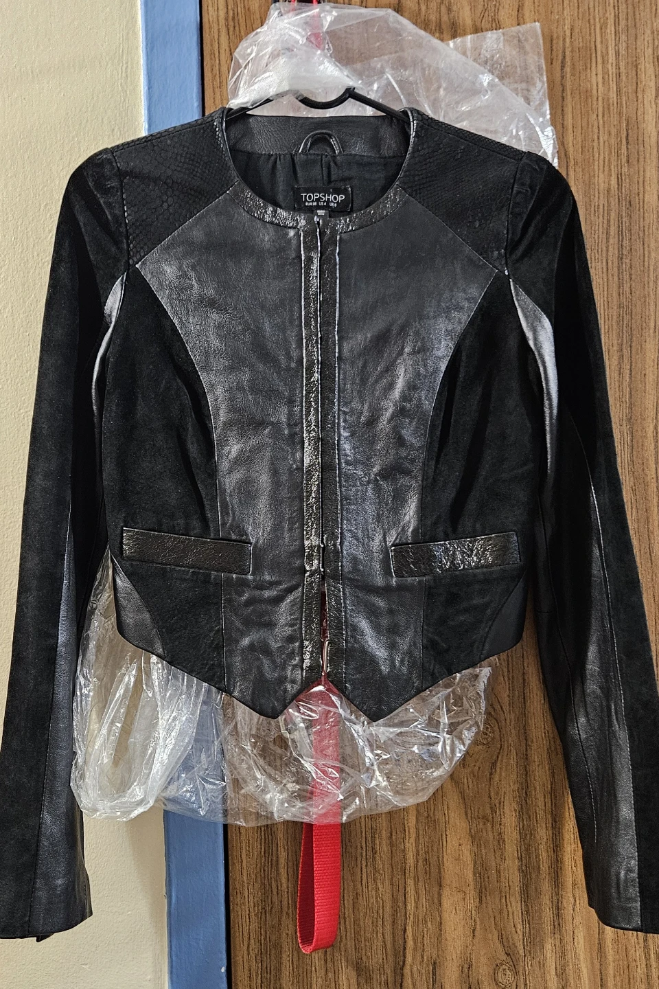 Topshop Women’s Genuine Leather & Suede Jacket – Black
