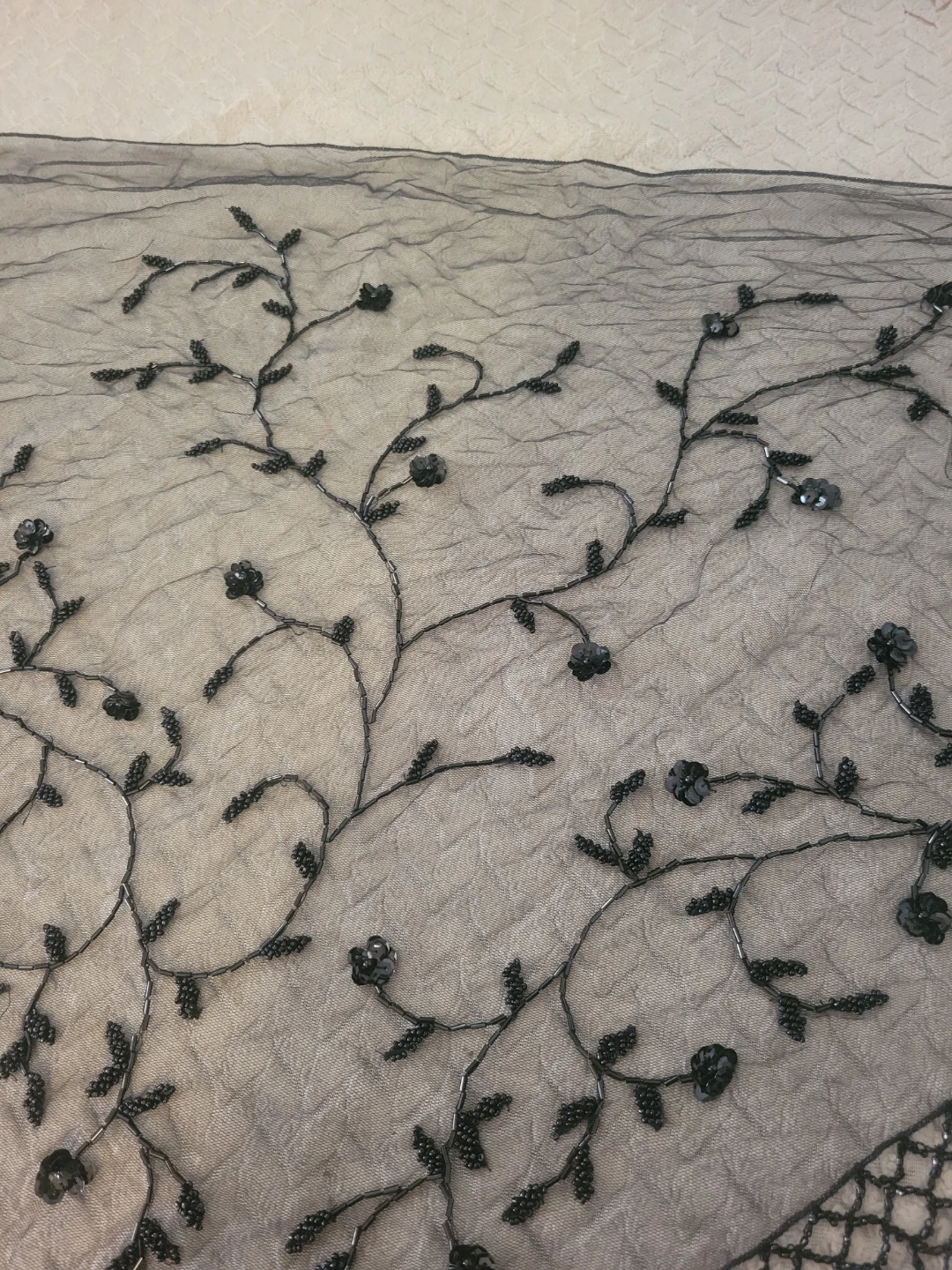 Black Embroidered Triangle Scarf with Tassels - photo 4