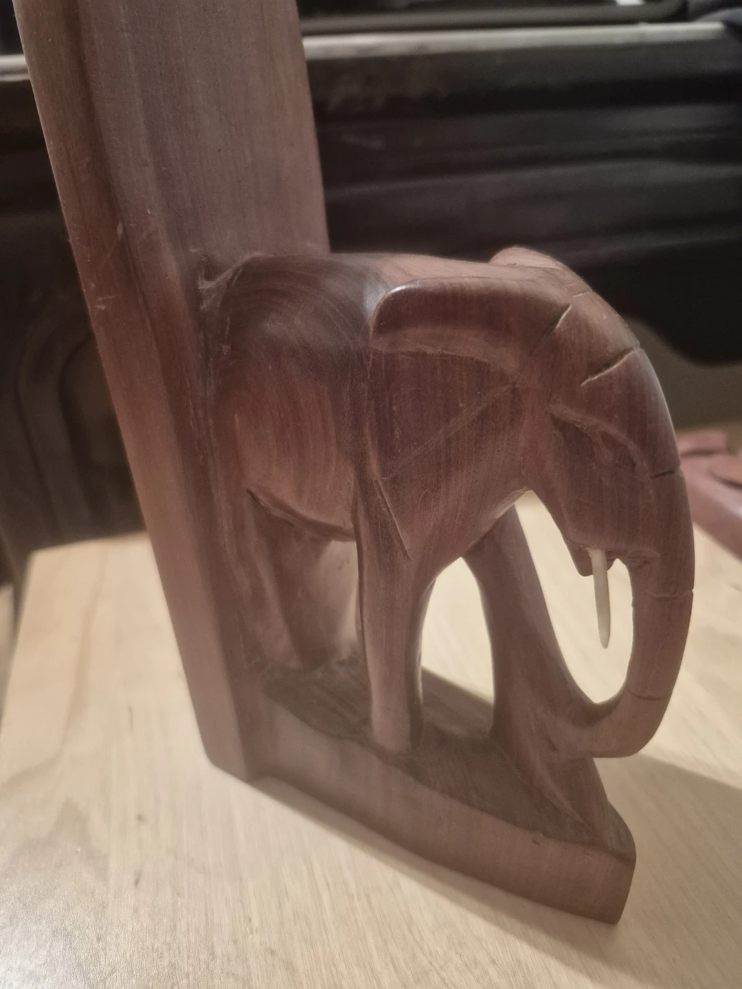 Hand-Carved Wooden Elephant Bookend