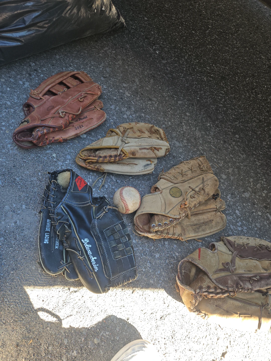 Set of 5 Assorted Baseball Gloves with Ball