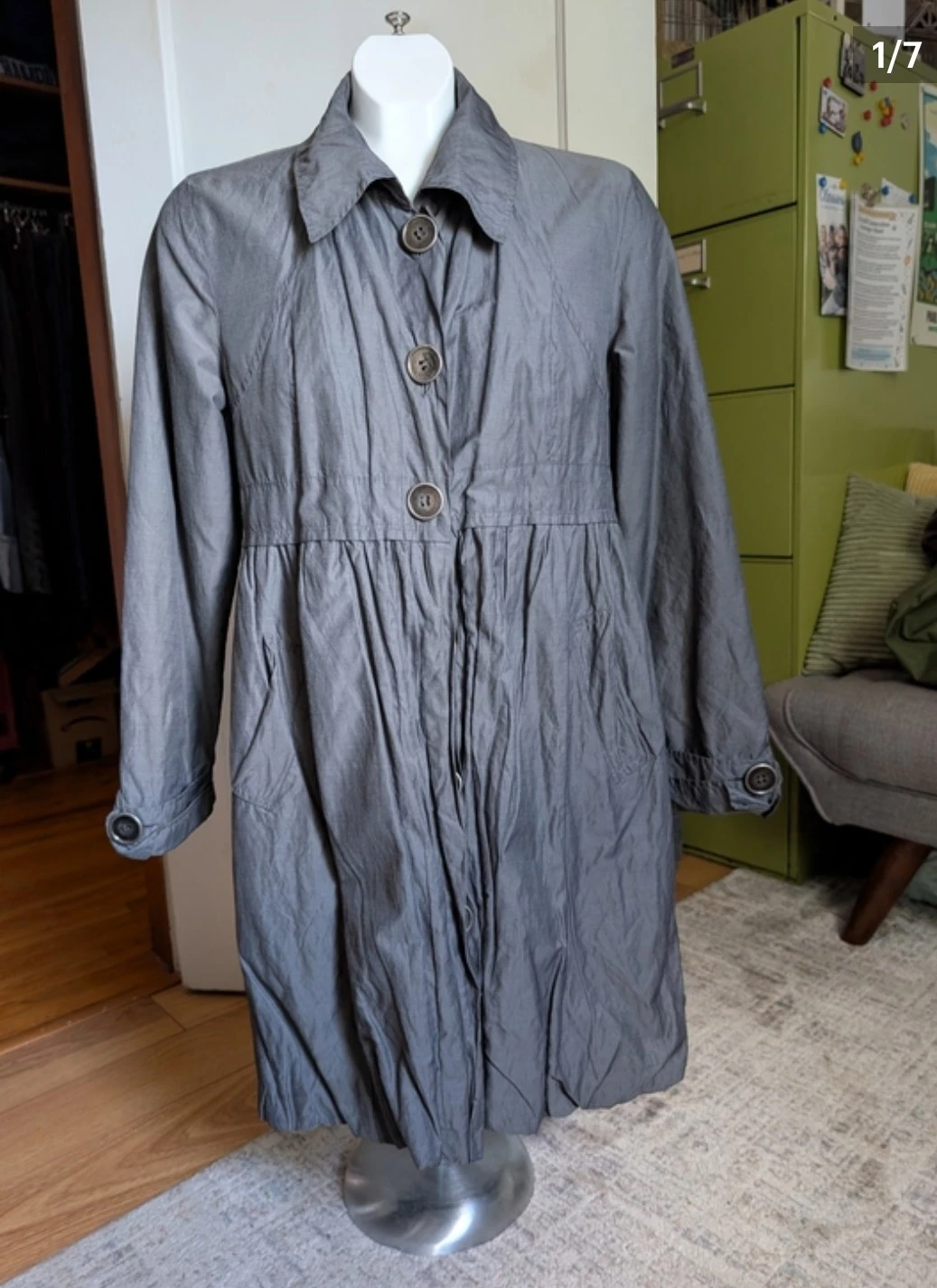 Women's Crinkled Gray Button-Front Trench Coat