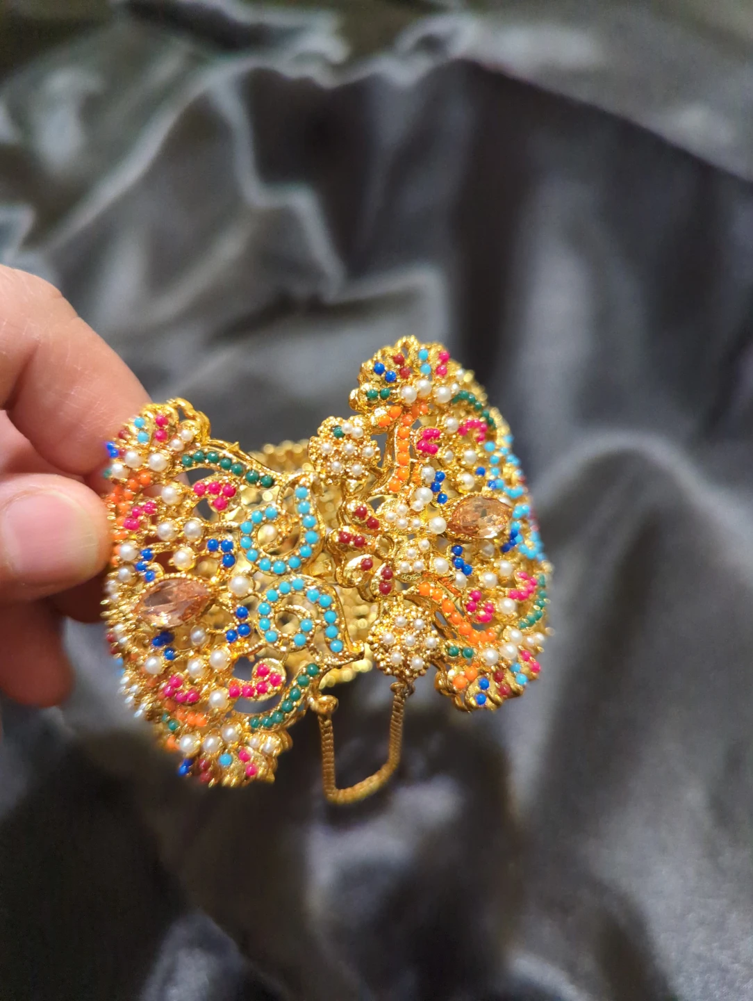Ornate Gold-Tone Multi-Coloured Stone Bangle - photo 2