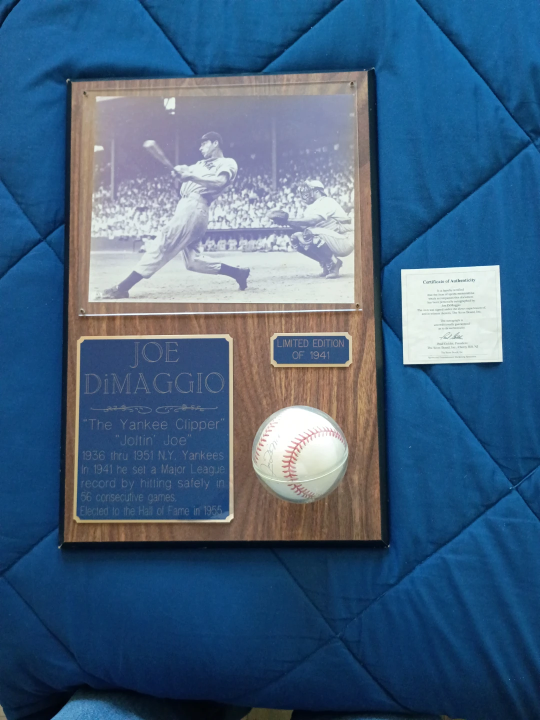 Joe DiMaggio Limited Edition Memorabilia Plaque