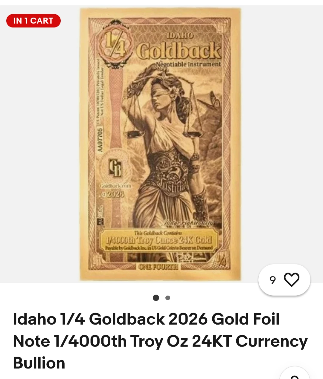 Idaho 1/4 Goldback 2026 24KT Gold Foil Note