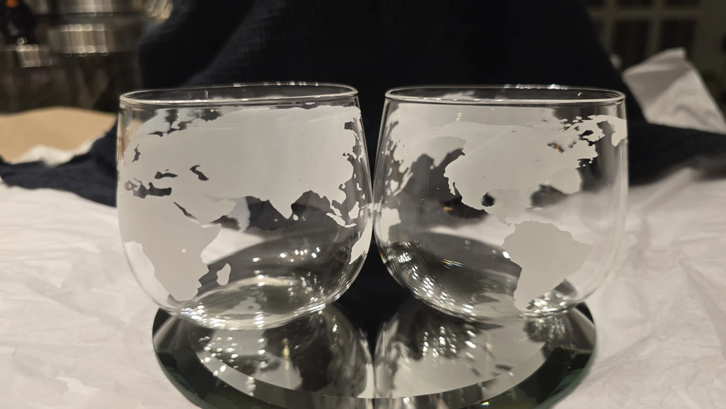 Set of Two Etched World Map Lowball Whiskey Glasses