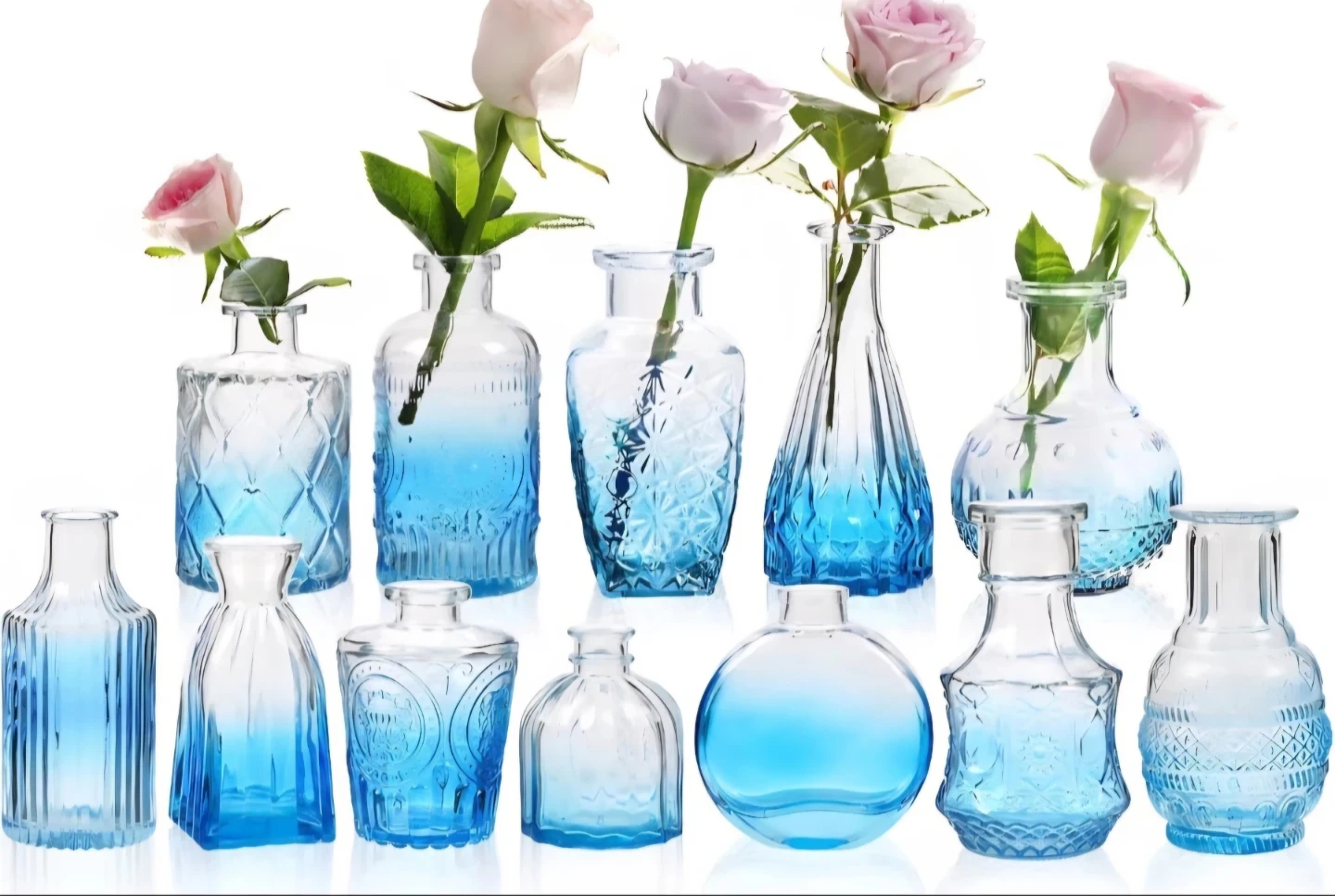 Set of 12 Assorted Blue Glass Bud Vases