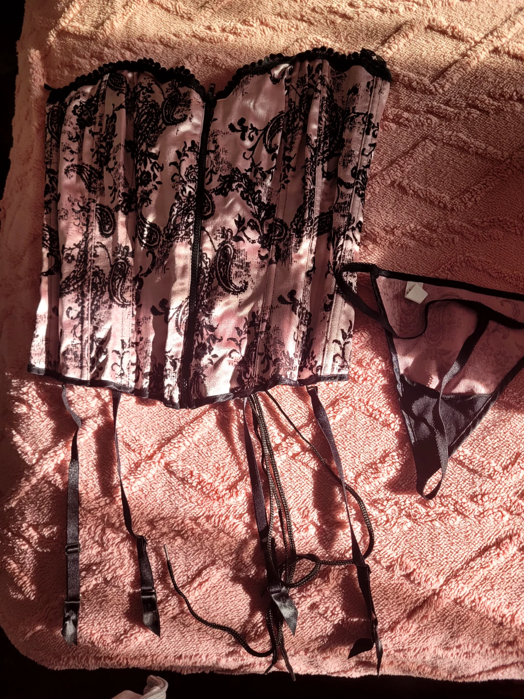 Pink and Black Paisley Print Corset Lingerie Set - photo 2