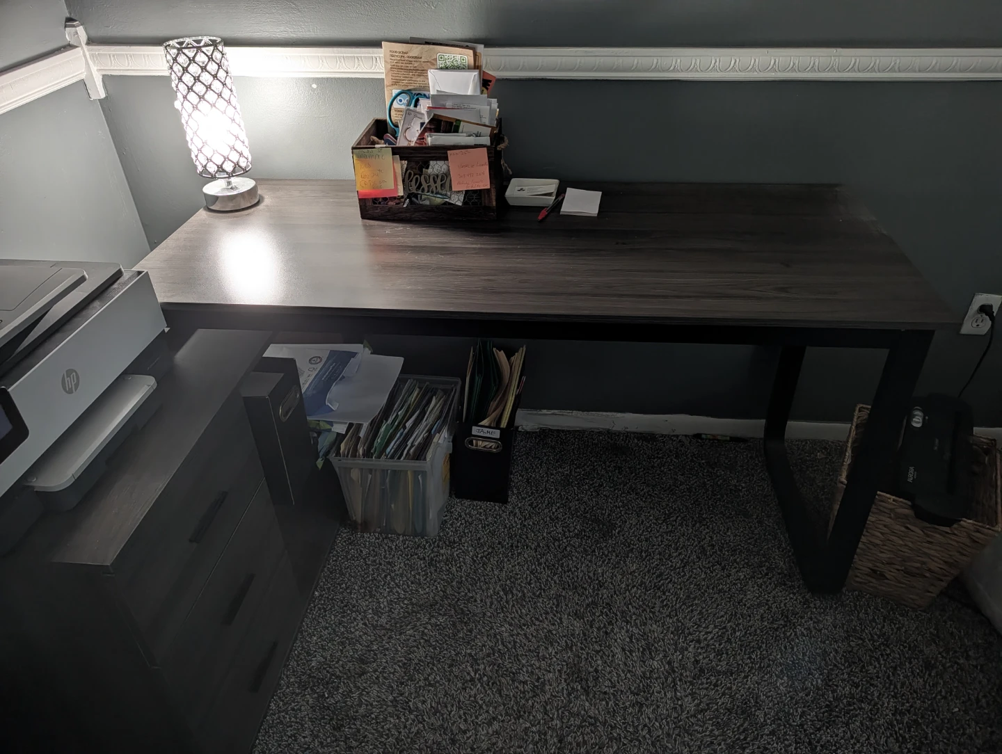 Office table with file cabinet with white faux office chair