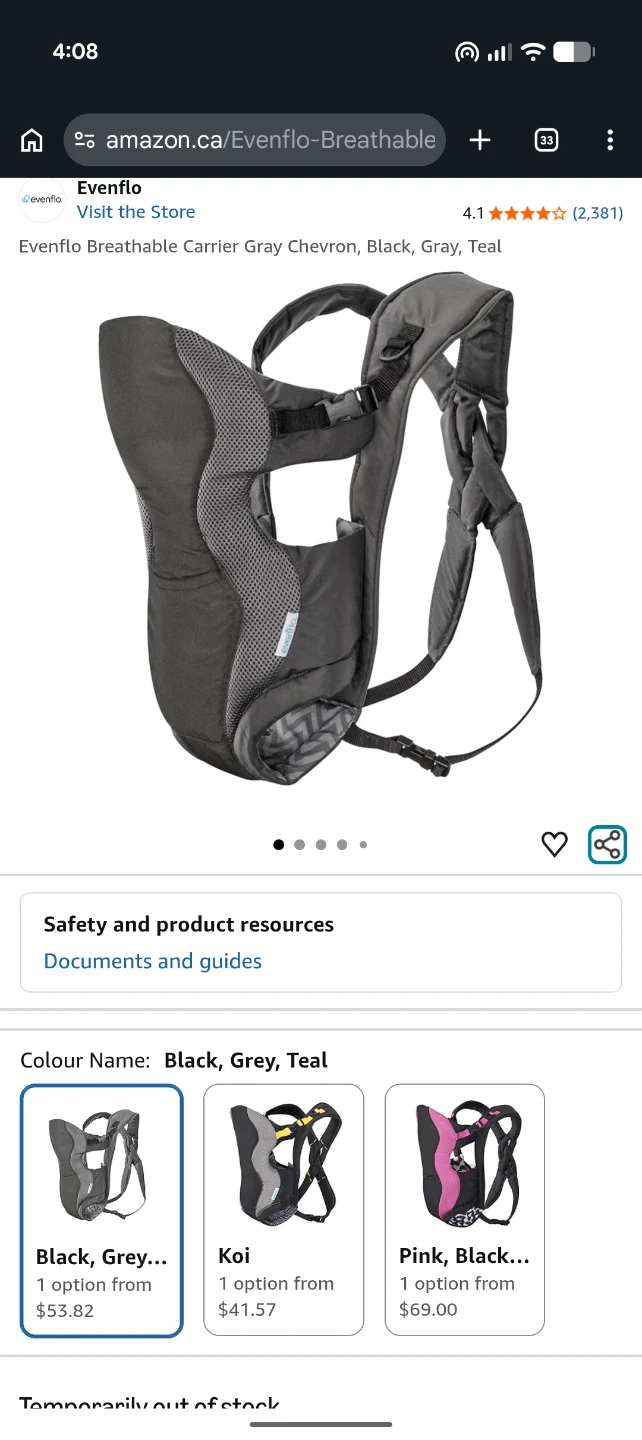 Evenflo Breathable Soft Carrier - Black, Grey, Teal