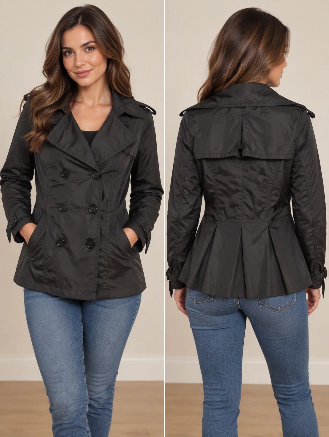 Black Women's Double-Breasted Trench Jacket