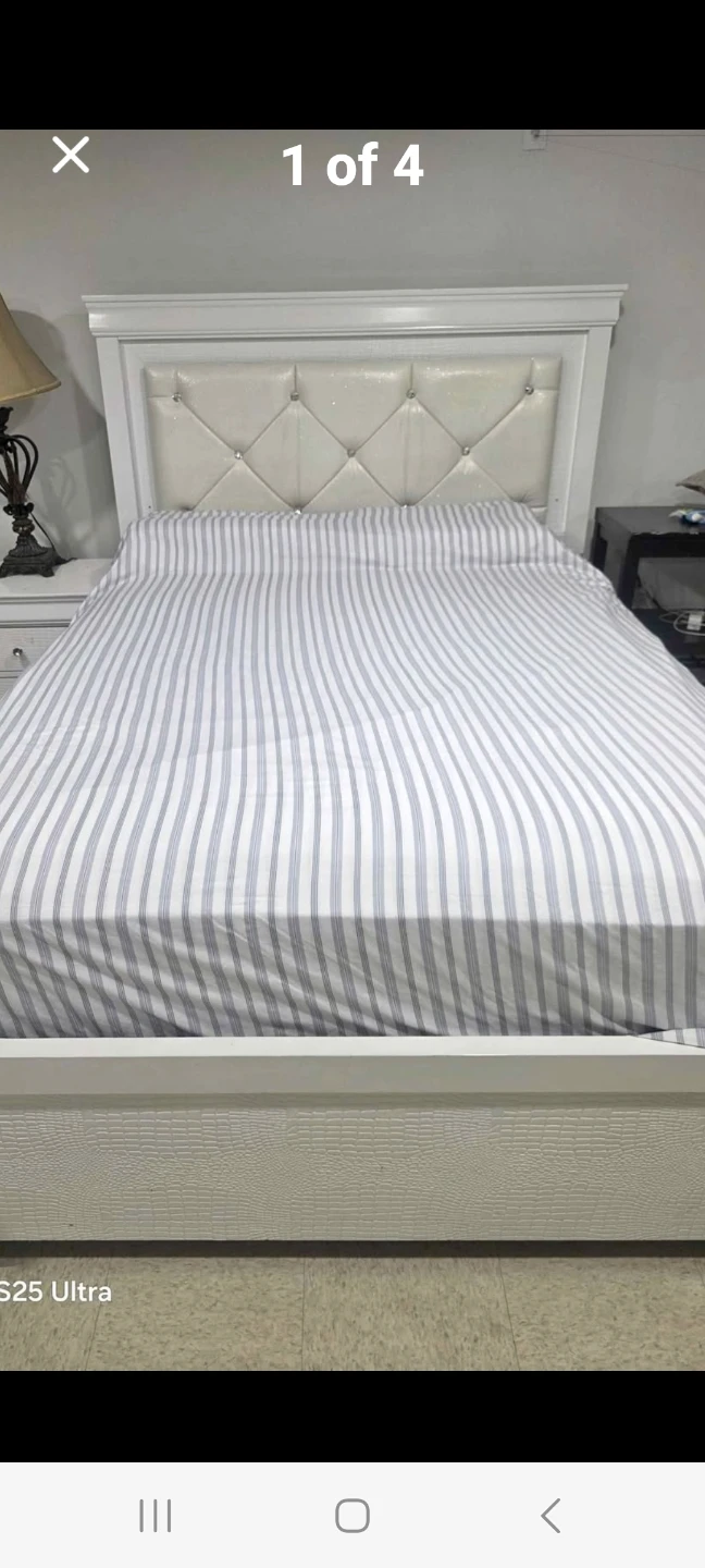 White Queen Bed Frame with Tufted Headboard