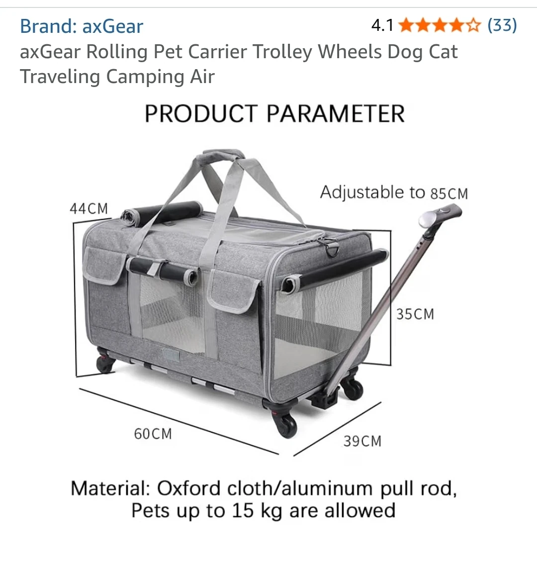 Pet Carrier Trolley Wheels Dog Cat Traveling Camping Air