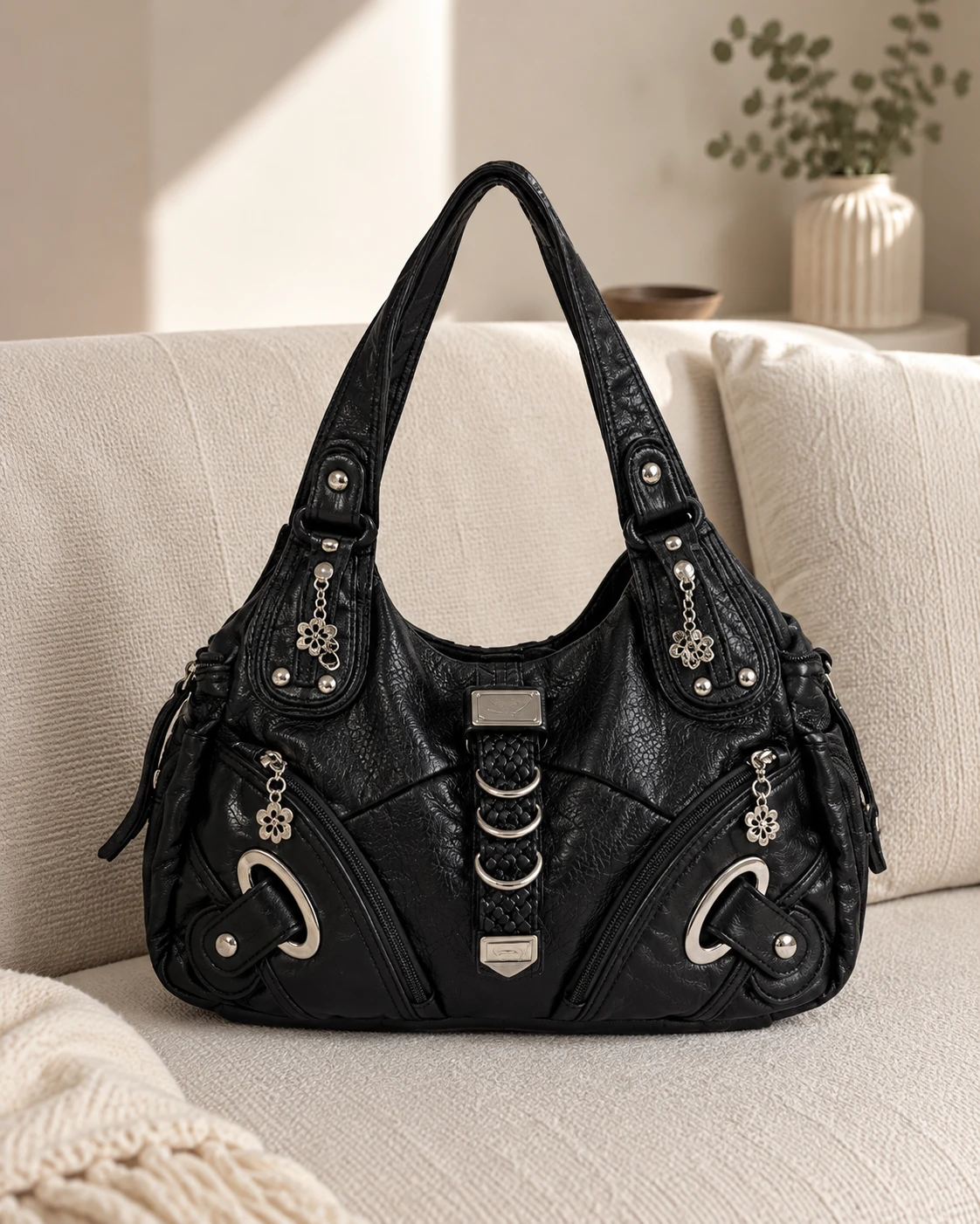 Black Textured Shoulder Bag