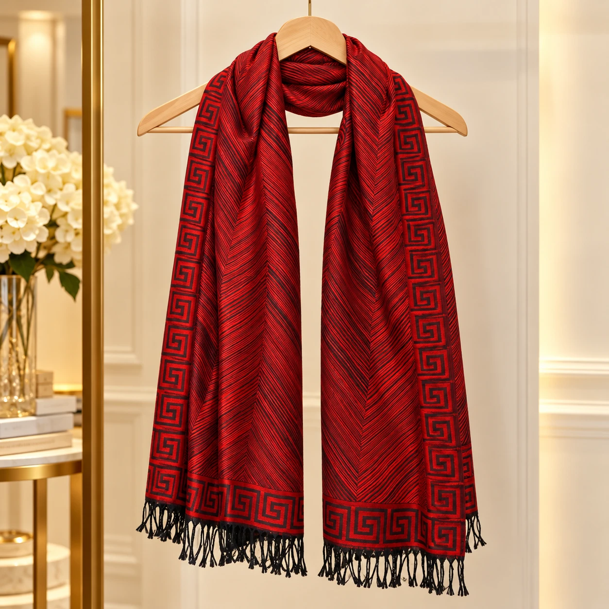 Red and Black Patterned Scarf
